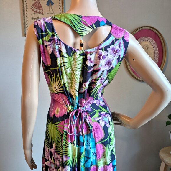 Vintage 90s Scarlett Midi Dress Button Front Tropical Print Funky Cottagecore 13 - Picture 6 of 16